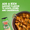A promotional image features a jar of Schwartz Onion Granules 30G next to a delicious-looking stew, illustrating how the product adds rich, savory flavor to meals.
