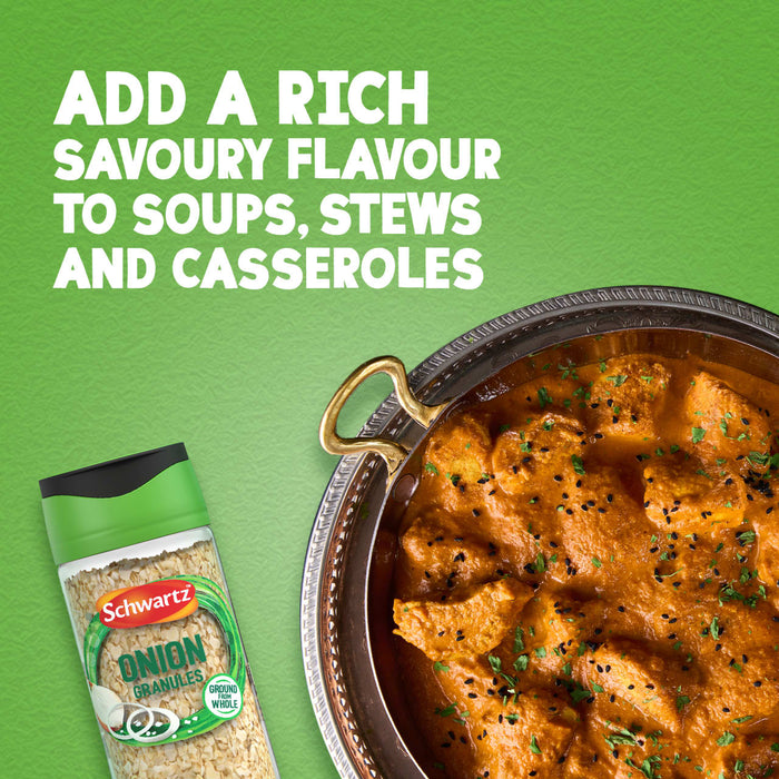 A promotional image features a jar of Schwartz Onion Granules 30G next to a delicious-looking stew, illustrating how the product adds rich, savory flavor to meals.