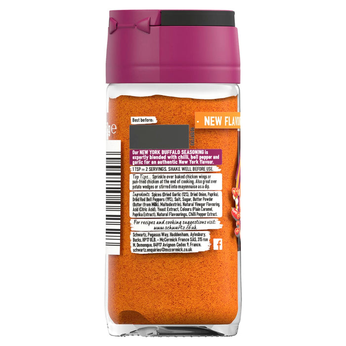 The back label of Schwartz New York Buffalo Seasoning 50G provides ingredients and usage tips for this blend of chili, bell pepper, and garlic.