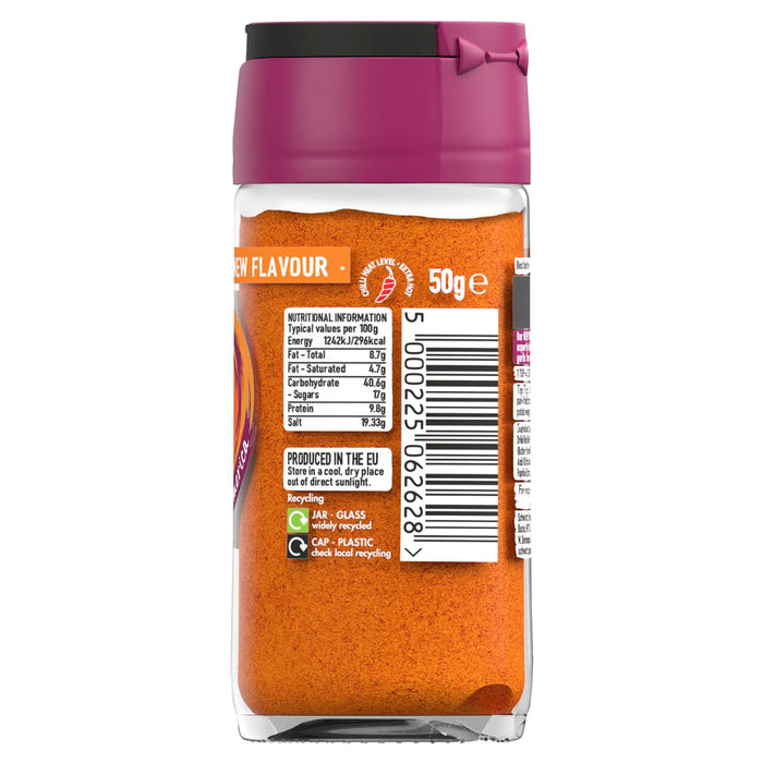 A back view of a glass jar of Schwartz New York Buffalo Seasoning 50G showing the nutritional information and a barcode on the label