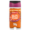 A clear glass jar of Schwartz New York Buffalo Seasoning 50G featuring a vibrant orange spice blend and a label with illustrations of garlic and chili peppers.