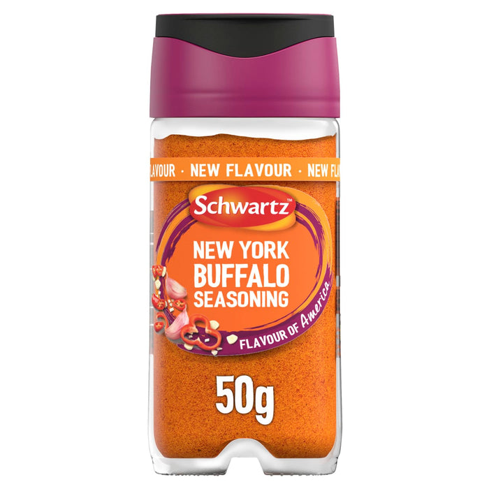 A clear glass jar of Schwartz New York Buffalo Seasoning 50G featuring a vibrant orange spice blend and a label with illustrations of garlic and chili peppers.