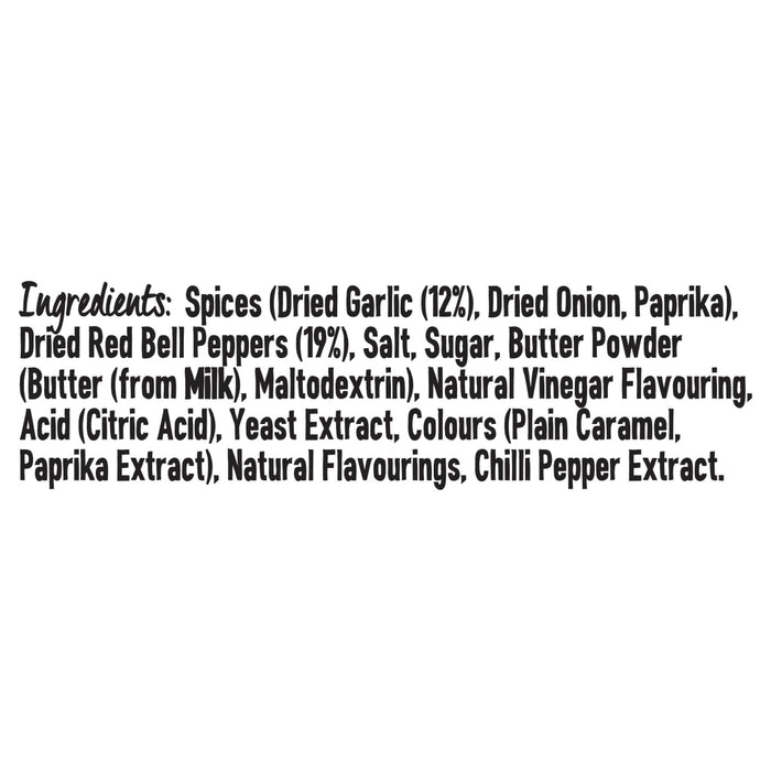 A detailed ingredient list for Schwartz New York Buffalo Seasoning 50G featuring spices like dried garlic, dried onion, and paprika along with dried red bell peppers and butter powder.