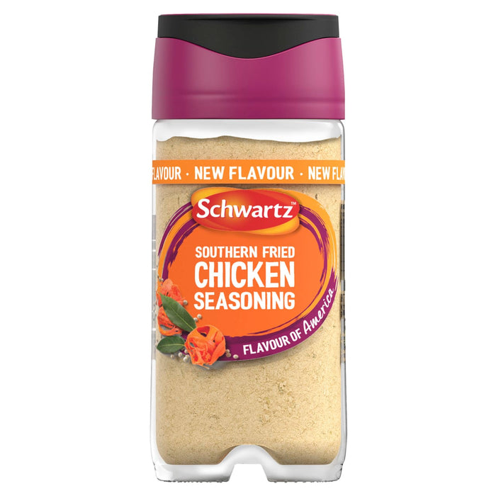 A clear glass jar of Schwartz Southern Fried Chicken Seasoning 55G featuring a purple lid and a label with an orange and purple design showing spices and herbs