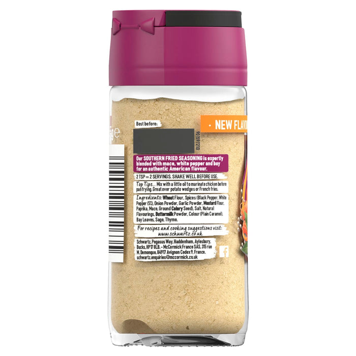 The back label of a jar of Schwartz Southern Fried Chicken Seasoning 55G displays the ingredients list and cooking suggestions for an authentic American flavor.