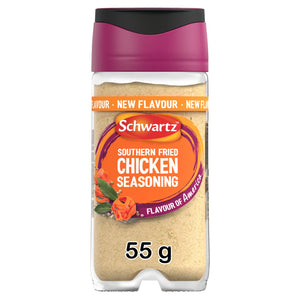A clear glass jar of Schwartz Southern Fried Chicken Seasoning 55G featuring a purple lid and a label with an orange circle and illustrations of spices