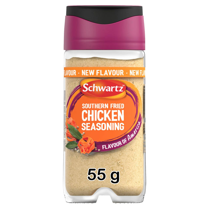 A clear glass jar of Schwartz Southern Fried Chicken Seasoning 55G featuring a purple lid and a label with an orange circle and illustrations of spices