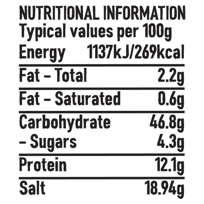 A nutritional information label for Schwartz Southern Fried Chicken Seasoning 55G detailing typical values per 100g including energy fat carbohydrates protein and salt content.
