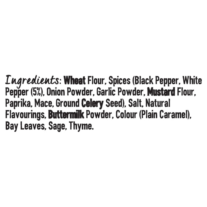 A detailed list of ingredients for Schwartz Southern Fried Chicken Seasoning 55G including wheat flour, spices like black and white pepper, onion and garlic powders, mustard flour, and herbs such as bay leaves, sage, and thyme.