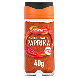 A clear glass jar of Schwartz Smoked Sweet Paprika 40G is shown against a white background.
