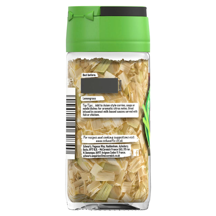 A clear glass jar of Schwartz Lemongrass 6.5G showing the dried herb pieces and back label with cooking tips and contact information.