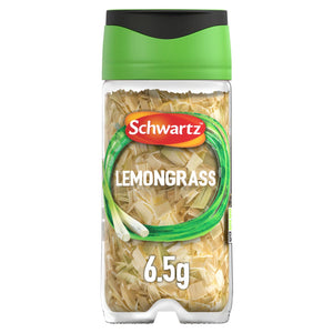 A clear glass jar of Schwartz Lemongrass 6.5G filled with dried and chopped lemongrass stalks featuring a green and black lid.