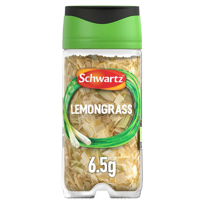 A clear glass jar of Schwartz Lemongrass 6.5G filled with dried and chopped lemongrass stalks featuring a green and black lid.