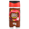 A clear glass jar of Schwartz Chipotle Chilli Powder 46G featuring a red and black flip-top lid and a label showing a whole dried chipotle pepper.