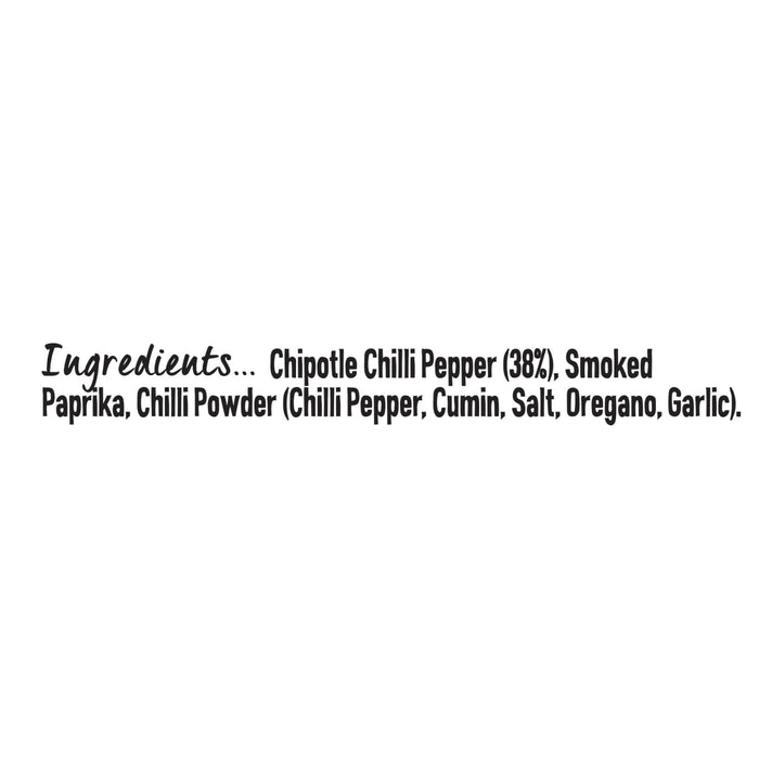 A graphic listing the ingredients for Schwartz Chipotle Chilli Powder 46G which include chipotle chilli pepper, smoked paprika, and a chilli powder blend of cumin, salt, oregano, and garlic.