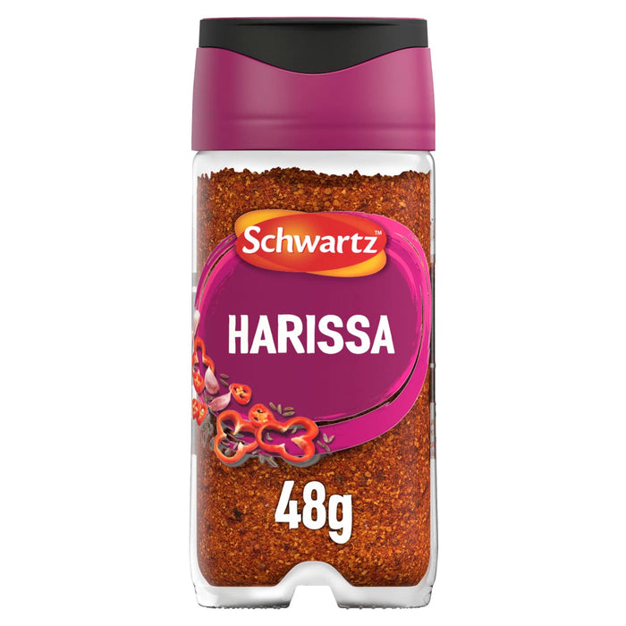 A clear glass jar of Schwartz Harissa 48G spice blend featuring a vibrant purple label with illustrations of red chili peppers and garlic.