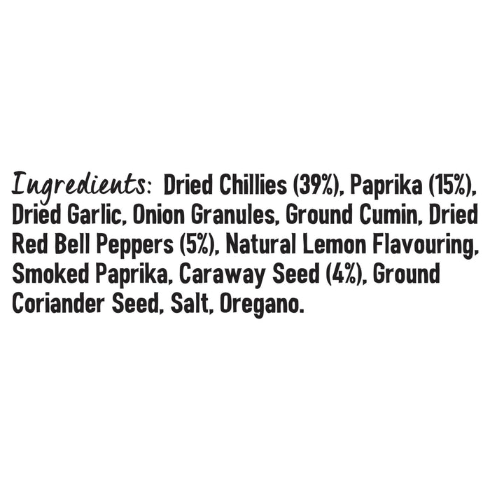 The ingredient list for Schwartz Harissa 48G includes dried chillies, paprika, dried garlic, onion granules, ground cumin, dried red bell peppers, natural lemon flavouring, smoked paprika, caraway seed, ground coriander seed, salt, and oregano.