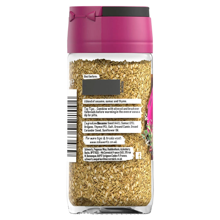A back view of the Schwartz Zaatar 35G bottle showing the ingredient list including sesame seed, sumac, and thyme.
