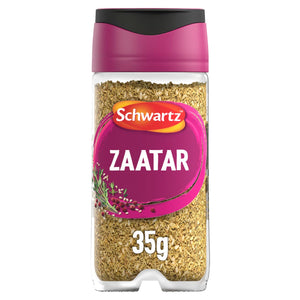 A clear glass jar of Schwartz Zaatar 35G featuring a blend of herbs and sesame seeds with a pink and black cap.