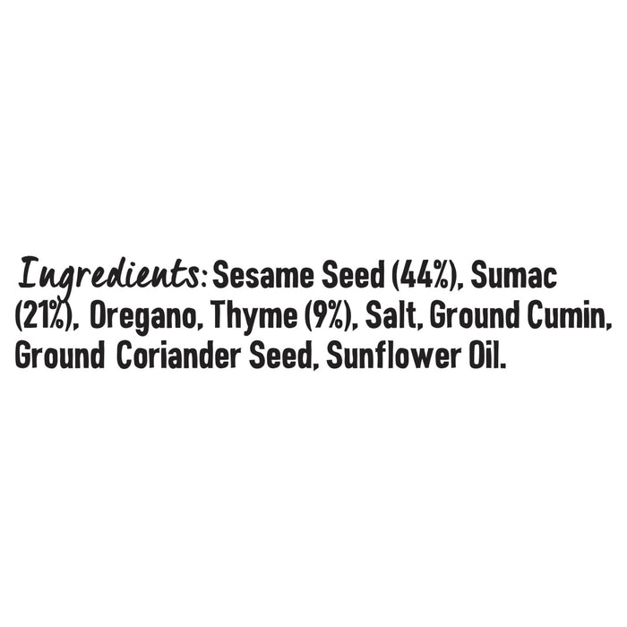 A list of ingredients for Schwartz Zaatar 35G including sesame seed, sumac, oregano, thyme, salt, ground cumin, ground coriander seed, and sunflower oil.