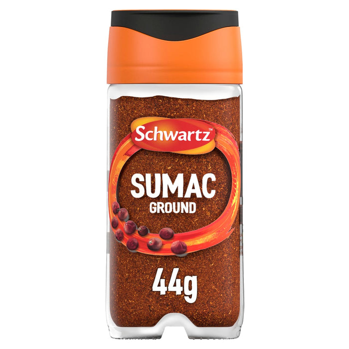 A clear glass jar of Schwartz Sumac Ground 44G filled with deep red spice and topped with a signature orange and black cap.