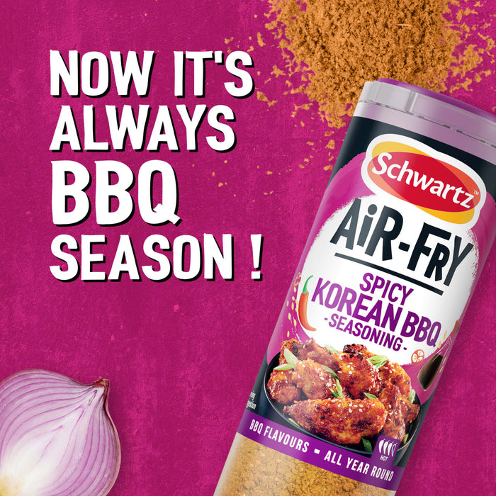 A promotional graphic for Schwartz Af Sy Korean Seas features a bottle of spicy seasoning next to a pile of spice powder and a red onion against a vibrant magenta background.