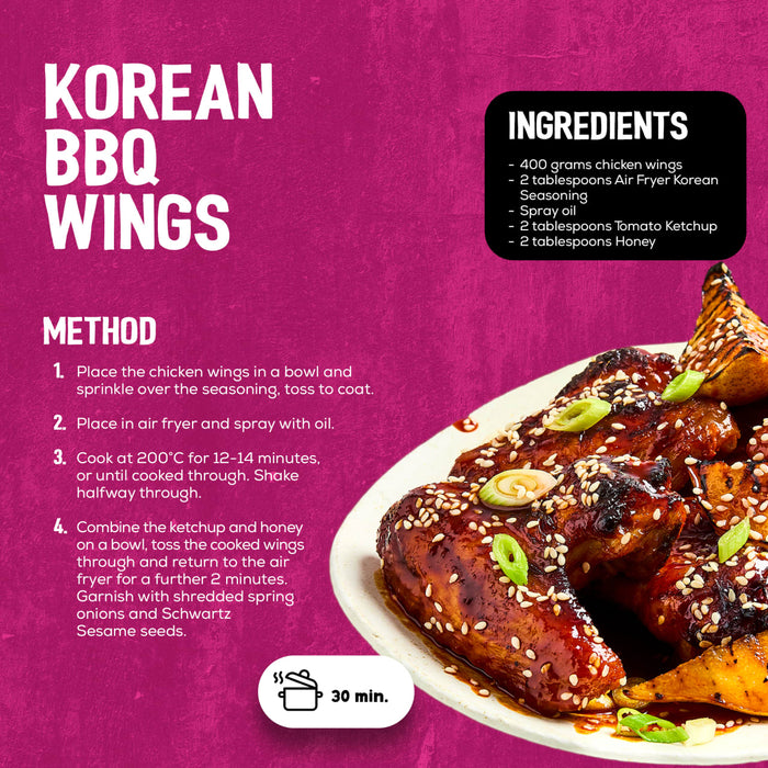 An infographic recipe for Korean BBQ wings featuring Schwartz Af Sy Korean Seas as a key ingredient for seasoning the chicken before air frying.