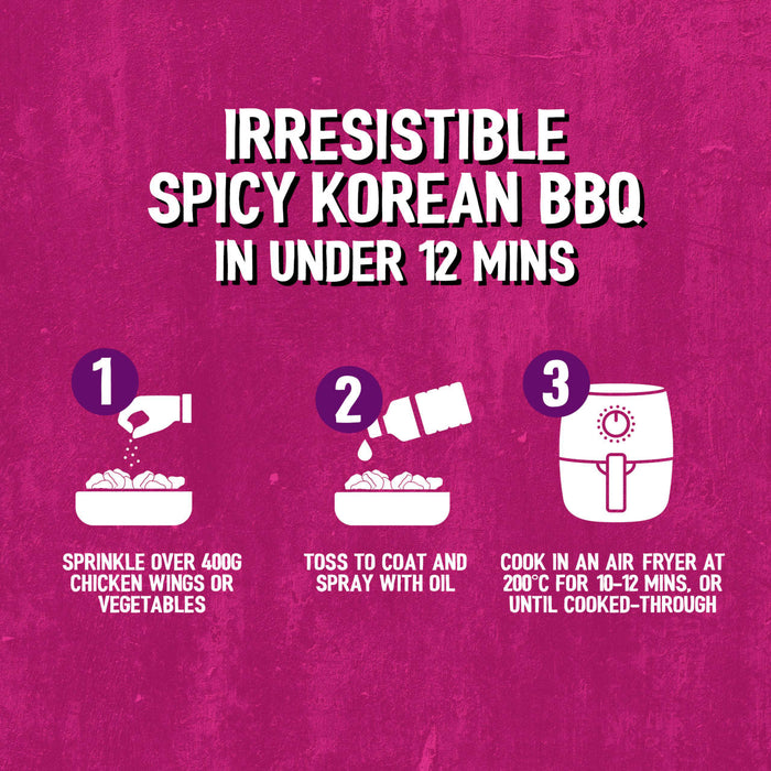 This infographic for Schwartz Af Sy Korean Seas provides a three step guide to preparing spicy Korean BBQ in under 12 minutes using an air fryer.