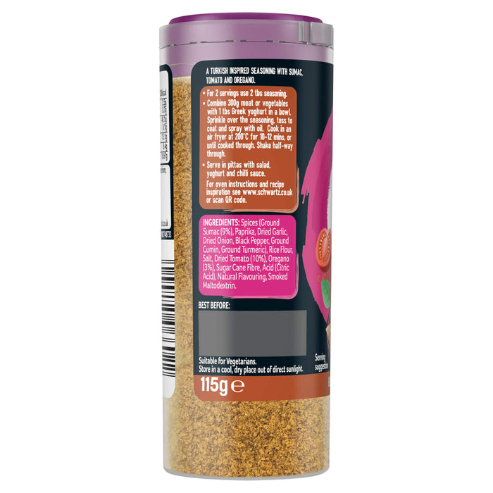 The back of a jar of Schwartz Af Turki Keb Seas, showing the ingredients and cooking instructions for the Turkish-inspired seasoning.
