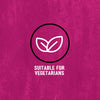 A graphic illustration for Schwartz Af Turki Keb Seas featuring a white leaf icon inside a black circle with the text SUITABLE FOR VEGETARIANS against a textured magenta background.
