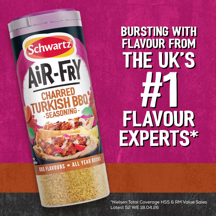 A promotional graphic for Schwartz Af Turki Keb Seas featuring a bottle of Charred Turkish BBQ seasoning next to a pita wrap and text claiming it is from the UKs number one flavour experts.