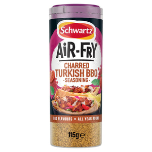 A container of Schwartz Af Turki Keb Seas, an air-fry seasoning, displays the granular spice through the clear bottom and features a serving suggestion of Turkish BBQ in pita bread on the label.