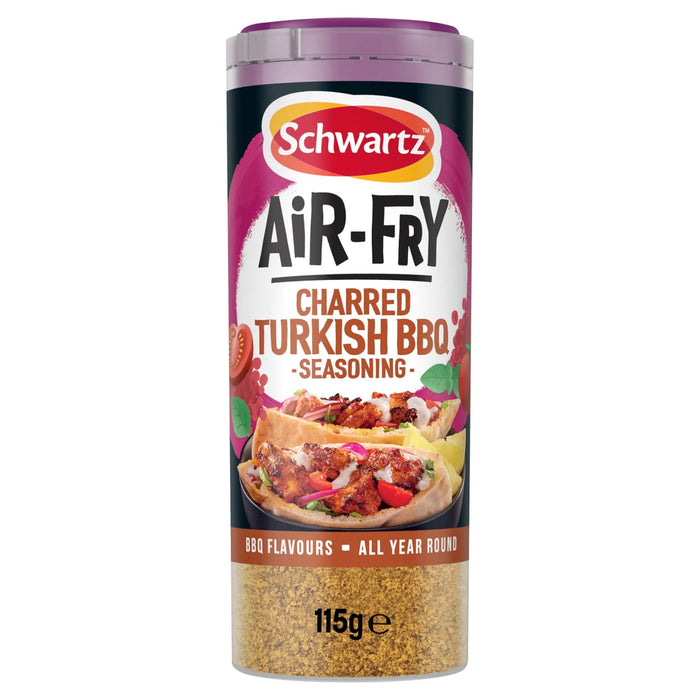 A container of Schwartz Af Turki Keb Seas, an air-fry seasoning, displays the granular spice through the clear bottom and features a serving suggestion of Turkish BBQ in pita bread on the label.