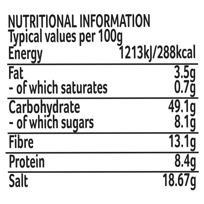 The nutritional information table for a package of Schwartz Af Turki Keb Seas, listing values per 100g for energy, fat, carbohydrates, fibre, protein, and salt.