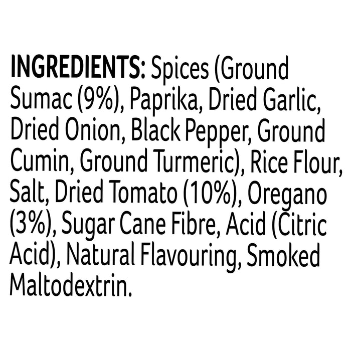 The ingredients list for Schwartz Af Turki Keb Seas includes spices like sumac and paprika, dried tomato, oregano, and smoked maltodextrin.