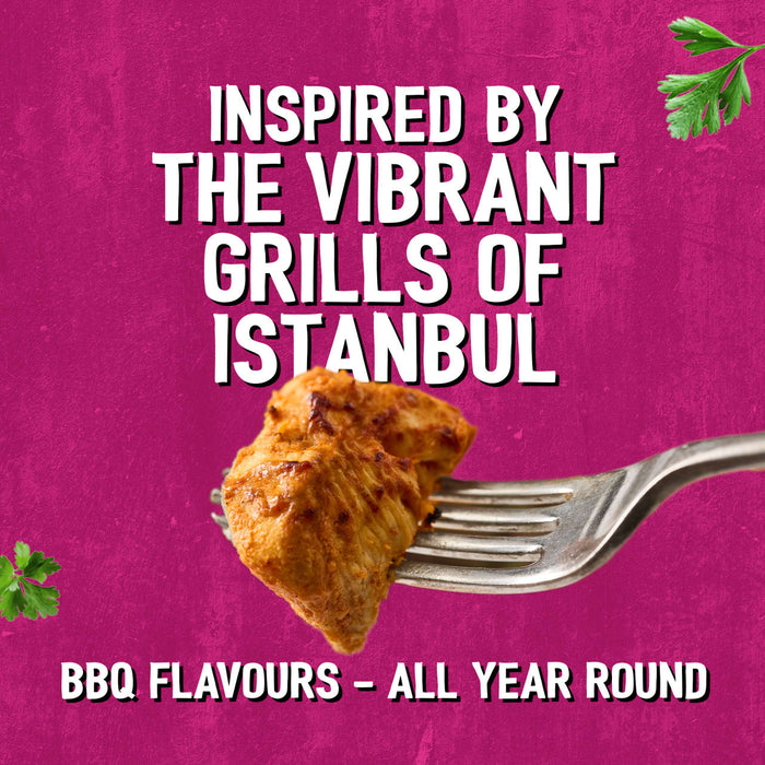 A piece of grilled chicken on a fork is used to showcase the BBQ flavours of Schwartz Af Turki Keb Seas inspired by the vibrant grills of Istanbul.