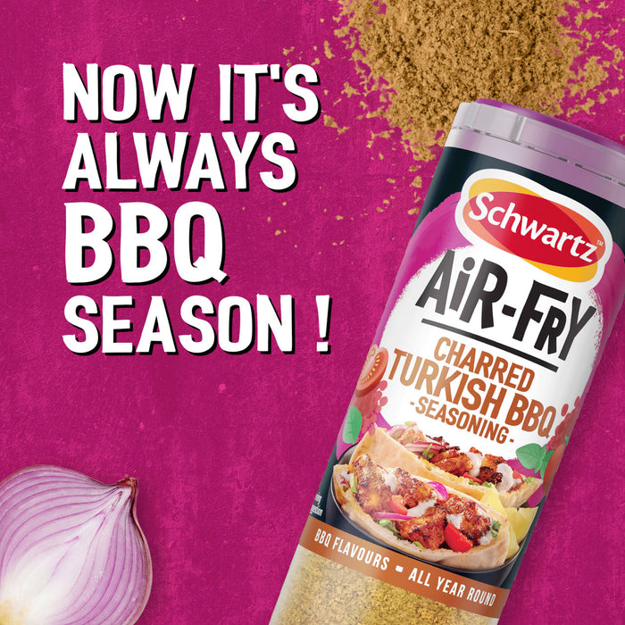 A promotional graphic for Schwartz Af Turki Keb Seas featuring a bottle of seasoning next to a red onion and a pile of spice powder against a vibrant pink background.