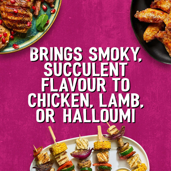 A vibrant food advertisement featuring grilled chicken wings, lamb chops with pomegranate seeds, and halloumi vegetable skewers to showcase how Schwartz Af Turki Keb Seas brings smoky succulent flavour to various dishes.