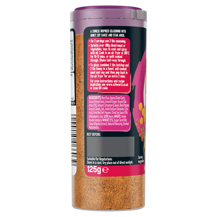 The back of a jar of Schwartz Af Chinese Cs Sea seasoning, showing the ingredients, nutritional information, and air fryer cooking instructions.