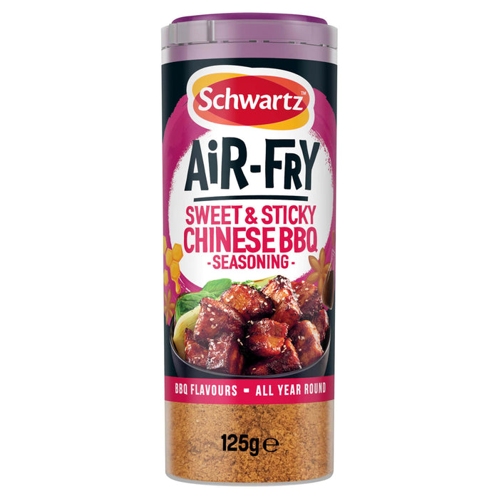 A clear shaker jar of Schwartz Af Chinese Cs Sea seasoning shows the Sweet & Sticky Chinese BBQ blend, with a serving suggestion of glazed meat in a bowl on the label.