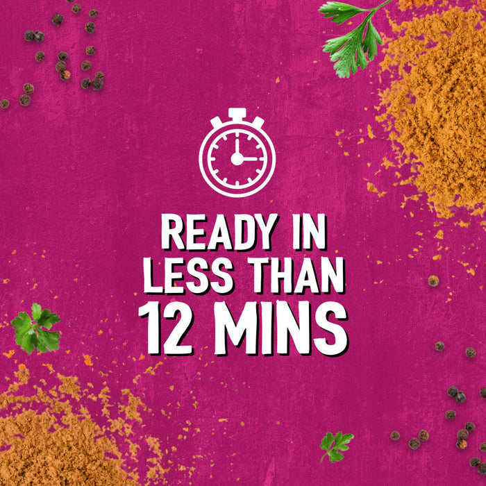 A graphic illustration for Schwartz Af Chinese Cs Sea featuring a stopwatch icon and text stating it is ready in less than 12 minutes against a vibrant pink background with scattered spices.