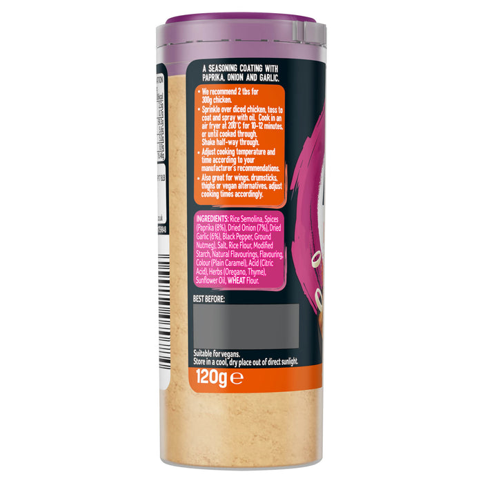 A side view of the packaging for Schwartz Af N Chicken Seas highlights the ingredients list and air fryer cooking instructions for a seasoning coating with paprika, onion, and garlic.