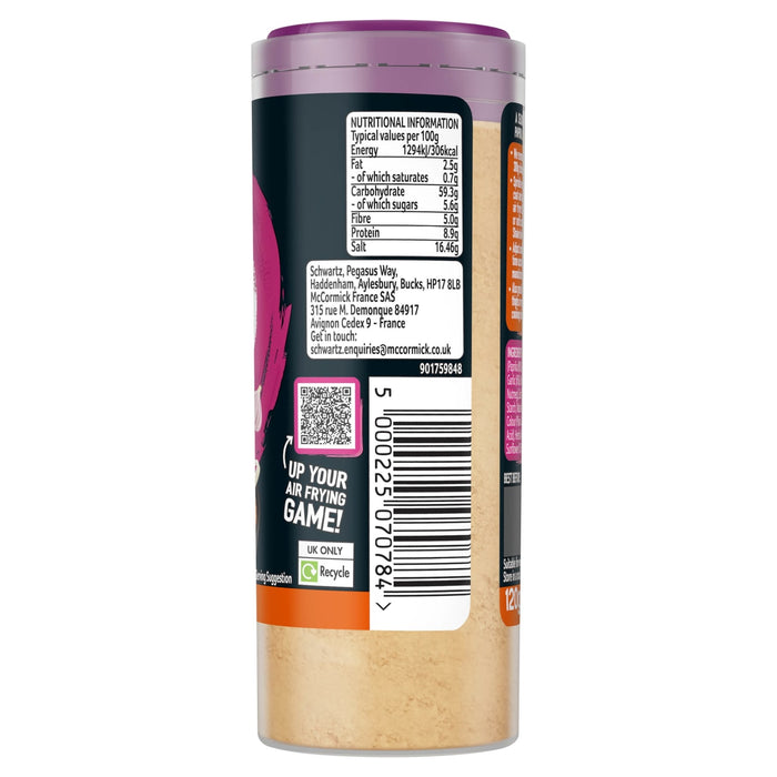 A side view of a container of Schwartz Af N Chicken Seas showing the nutritional information and barcode on a black and orange label.