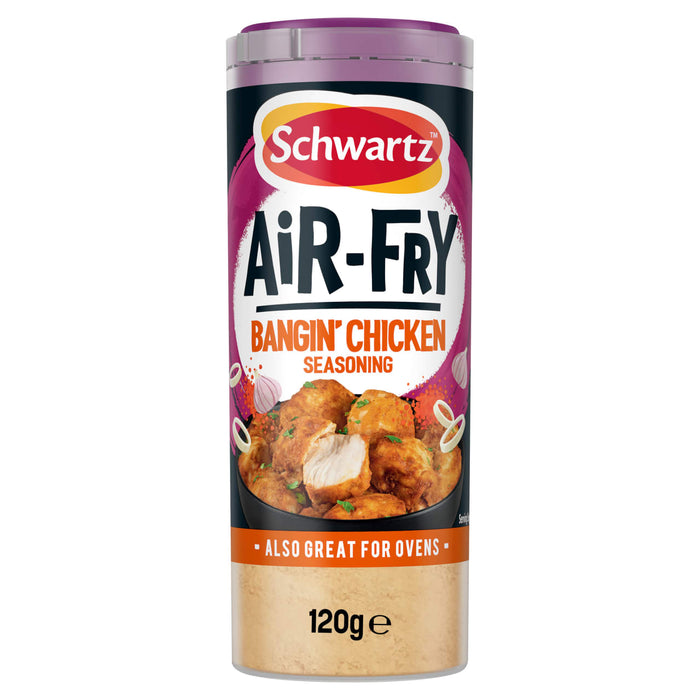 A 120g shaker bottle of Schwartz Af N Chicken Seas featuring a purple and white label with an image of seasoned chicken pieces.