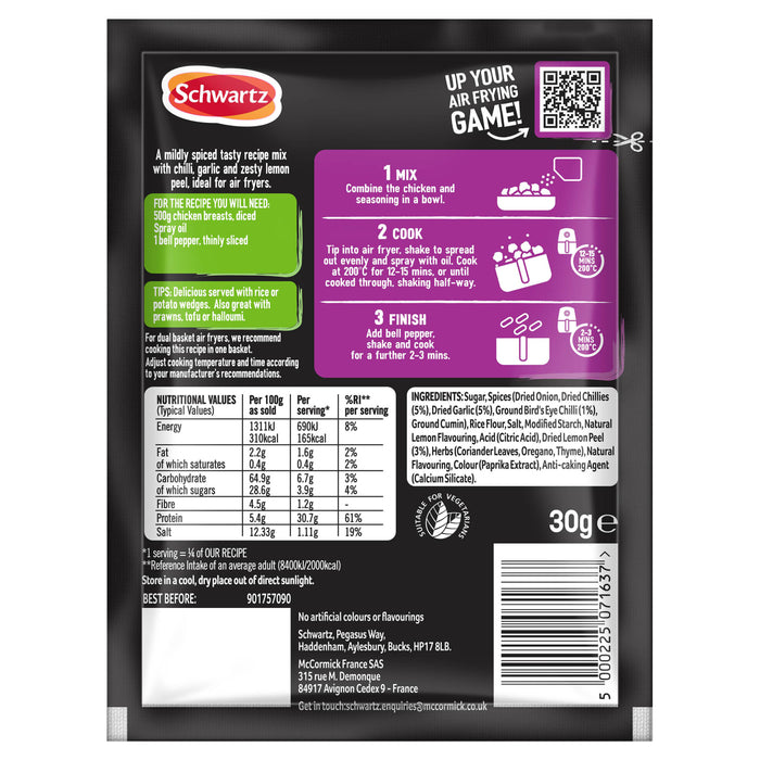 The back of a Schwartz seasoning packet for Sa Af Lemon Chilli Chicken displays the air fryer recipe instructions, nutritional information, and ingredients.