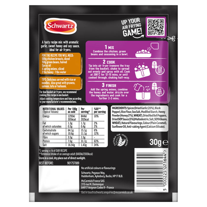 The back of a Schwartz Sa Af Honey Garlic Chicken seasoning packet, showing the recipe, nutritional information, and an infographic with air fryer cooking instructions.