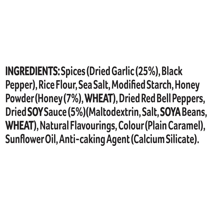 The ingredients list for Sa Af Honey Garlic Chicken, showing spices like dried garlic and black pepper, honey powder, wheat, and soy sauce.