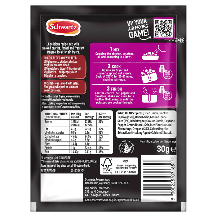 The back of a Schwartz Sa Af Chorizo Chicken recipe mix packet displays the ingredients, nutritional facts, and a three-step guide for cooking the dish in an air fryer.