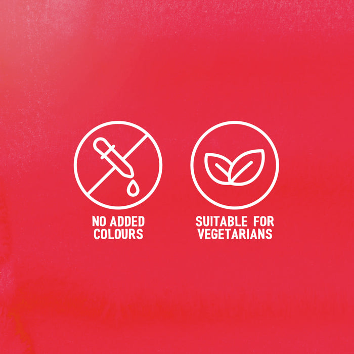 A graphic illustration on a red background shows that the Sa Rt Chili Basil Stir Fry X12 has no added colours and is suitable for vegetarians.