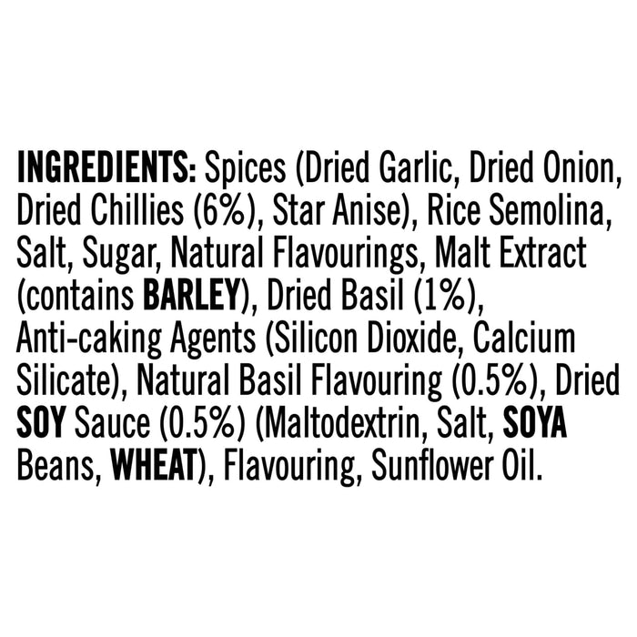 The ingredients list for the Sa Rt Chili Basil Stir Fry X12, which includes spices like dried garlic and onion, barley, soy, and wheat.